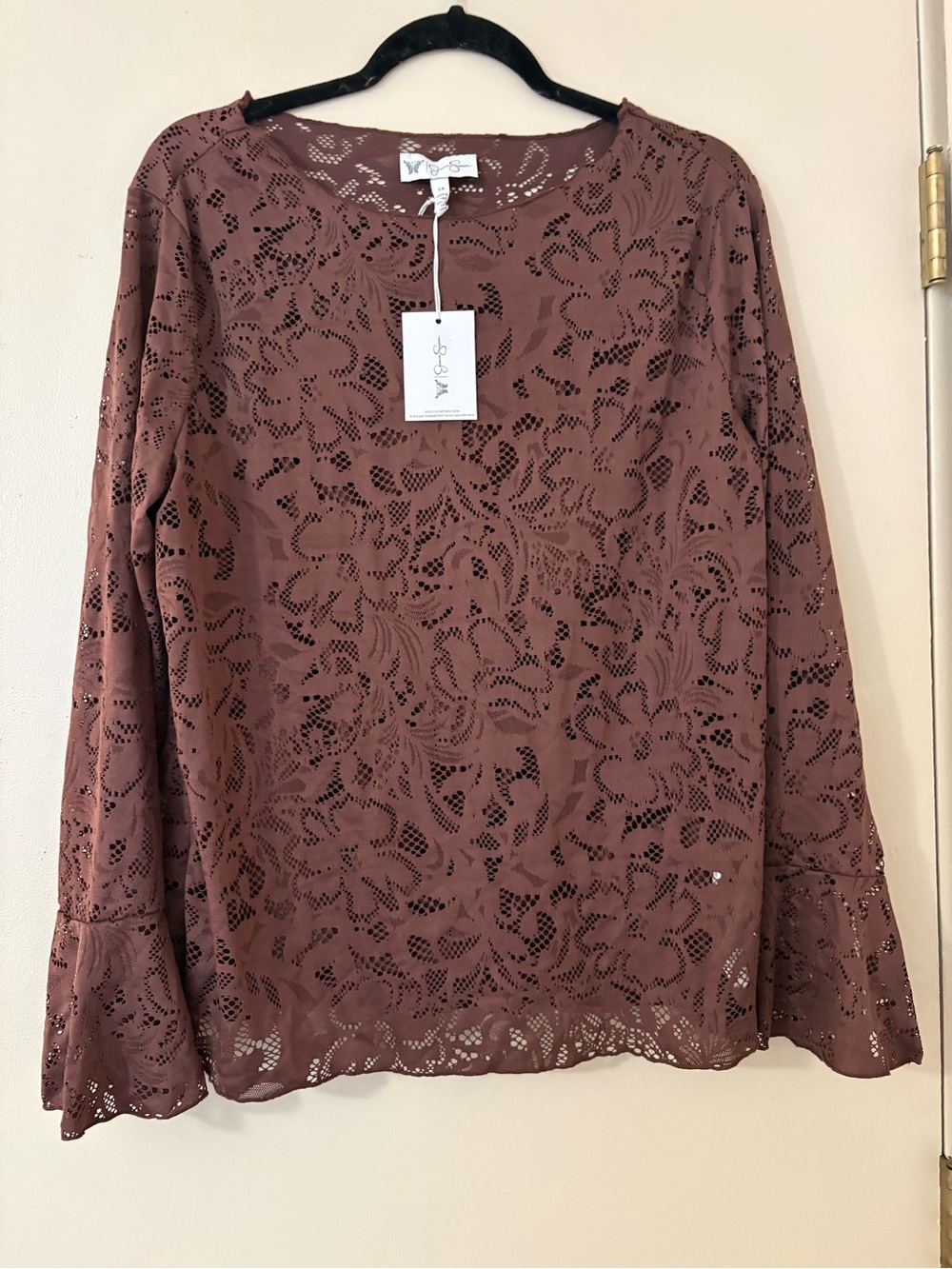Jessica Simpson Brown Lace-Overlay Long-Sleeve Top with Bell Sleeves NWT